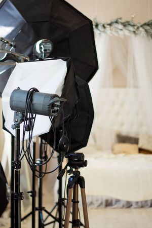 Photo photographic studio with modern lighting equipment. Empty space for your text or objects....