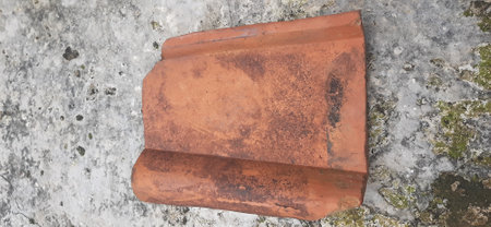 An orange roof tile on cement floor with mosses. Roof clay pan tiles made from terra cotta or terracotta.の写真素材