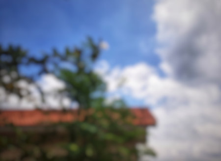 Blurred or unfocused or defocused rooftop with cloudy blue sky and some leavesの写真素材