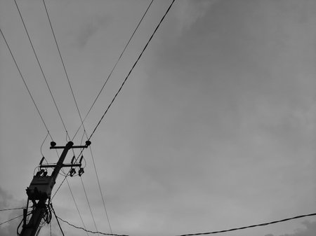 Electric cable and pole on a gloomy day or overcast sky,の写真素材