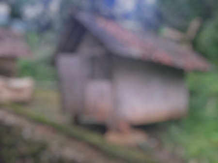 defocus traditional old hut in the village with pond and forest backgroundの写真素材