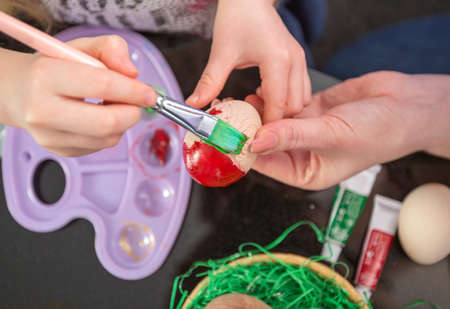 painting colorful eggs, Happy Easter still life-top viewの写真素材