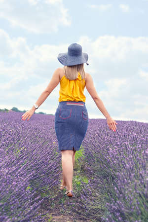 Young woman is walking along the lavender fieldの写真素材