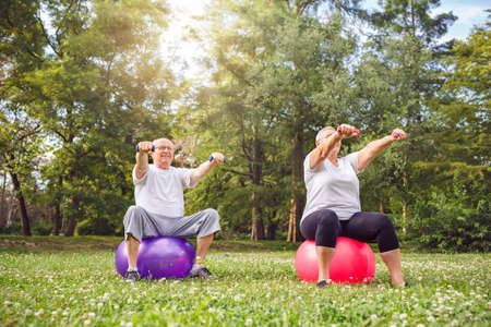 Smiling pensioner man and woman doing fitness exercises on fitness ball in park