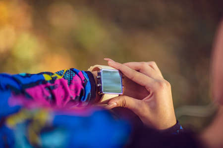 jogging Wearing Smartwatch close up, exercise and fitness conceptの写真素材