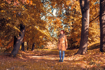 Beautiful woman walking outdoors in autumn park.の写真素材