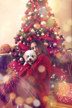 Happy young girl embracing cute puppy at Christmas holidayの写真素材