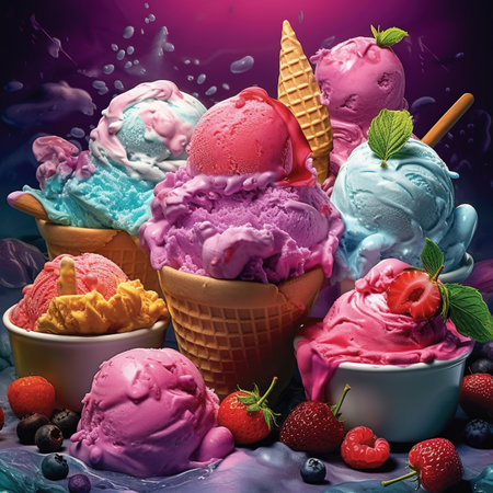 Large assortment of artisanal Italian ice cream.Set of various ice cream scoops in waffle conesの素材