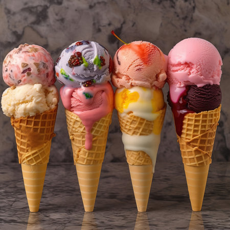 Various colorful ice cream .Set of various ice cream scoops in waffle conesの素材