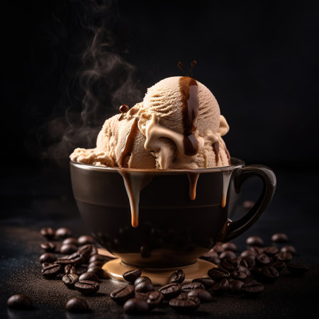 Delicious ice cream dessert on a wooden tableの素材
