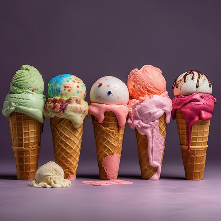 Set of various ice cream scoops in waffle conesの素材