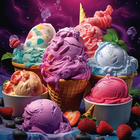 Various colorful ice cream .Set of various ice cream scoops in waffle conesの素材