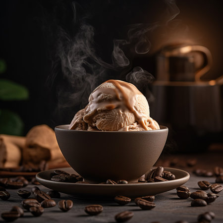 Delicious ice cream dessert on a wooden tableの素材