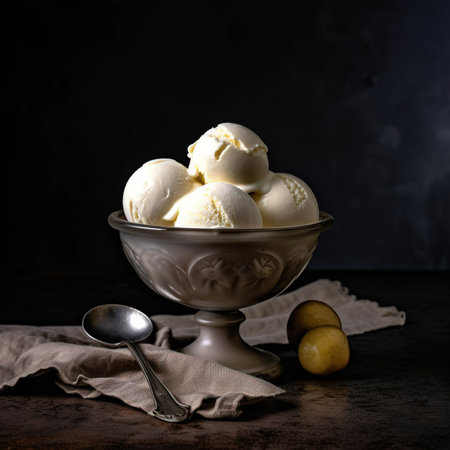 Delicious ice cream dessert on a wooden tableの素材