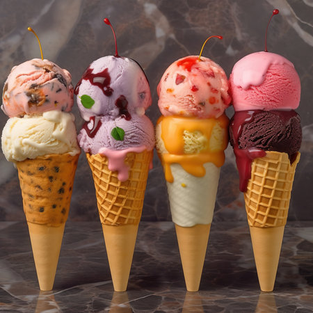 Various colorful ice cream .Set of various ice cream scoops in waffle conesの素材