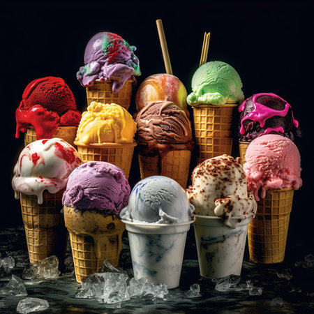 Various colorful ice cream .Set of various ice cream scoops in waffle conesの素材