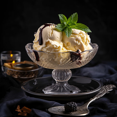 Delicious ice cream dessert on a wooden tableの素材