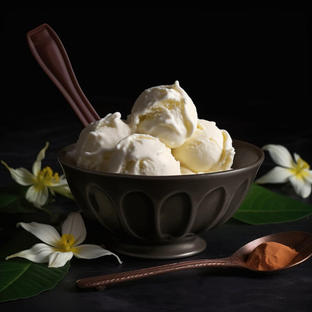 Delicious ice cream dessert on a wooden tableの素材