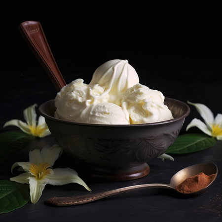 Delicious ice cream dessert on a wooden tableの素材