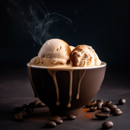 Delicious ice cream dessert on a wooden tableの素材