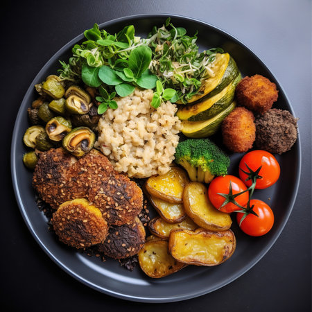 Dietary menu. Fresh vegetables in a healthy salad with tomatoes, avocado, arugula, radish, and seeds in a bowl. vegan cuisine Lay flat. a top view. Generative AIの素材