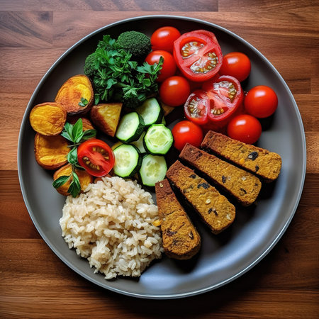 Dietary menu. Fresh vegetables in a healthy salad with tomatoes, avocado, arugula, radish, and seeds in a bowl. vegan cuisine Lay flat. a top view. Generative AIの素材