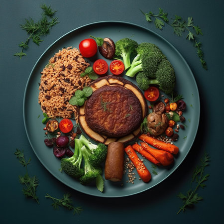 Dietary menu. Fresh vegetables in a healthy salad with tomatoes, avocado, arugula, radish, and seeds in a bowl. vegan cuisine Lay flat. a top view. Generative AIの素材