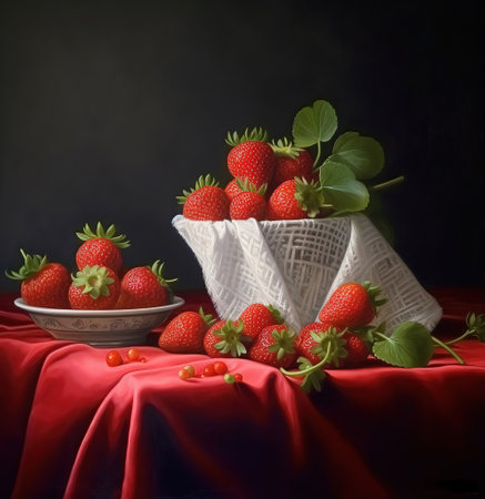 strawberries on table.Strawberries in a bowl on the kitchen table. Generative AIの素材