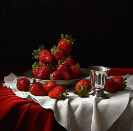 strawberries on table.Strawberries in a bowl on the kitchen table. Generative AIの素材