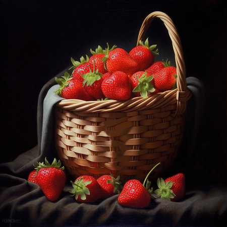 Red strawberries in small wooden basket or wicker. Healthy fresh fruits on white table.の素材