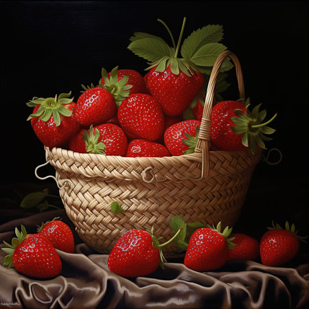 Red strawberries in small wooden basket or wicker. Healthy fresh fruits on white table.の素材