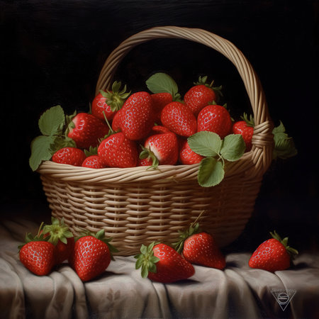 Red strawberries in small wooden basket or wicker. Healthy fresh fruits on white table.の素材