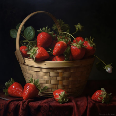 Red strawberries in small wooden basket or wicker. Healthy fresh fruits on white table.の素材