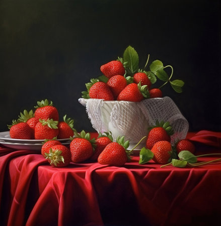 strawberries on table.Strawberries in a bowl on the kitchen table. Generative AIの素材