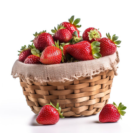 Red strawberries in small wooden basket or wicker. Healthy fresh fruits on white table.の素材