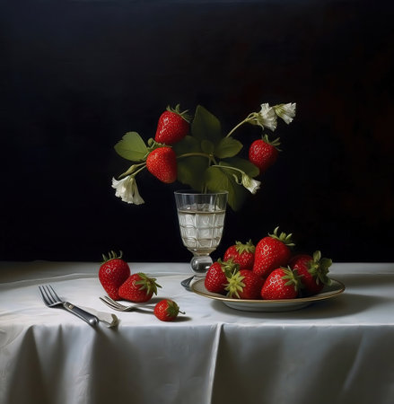 strawberries on table.Strawberries in a bowl on the kitchen table. Generative AIの素材