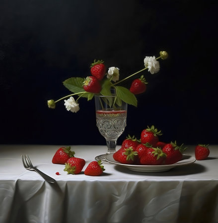 strawberries on table.Strawberries in a bowl on the kitchen table. Generative AIの素材
