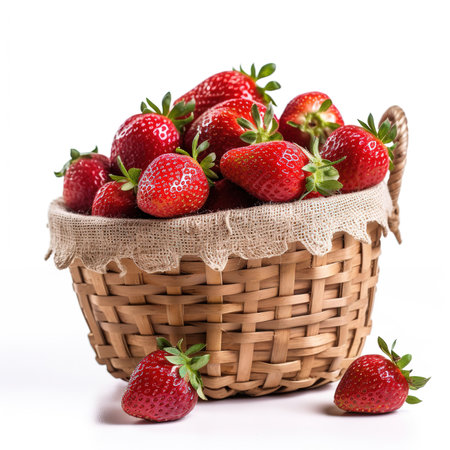 Red strawberries in small wooden basket or wicker. Healthy fresh fruits on white table.の素材