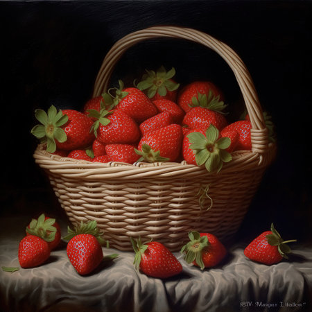 Red strawberries in small wooden basket or wicker. Healthy fresh fruits on white table.の素材