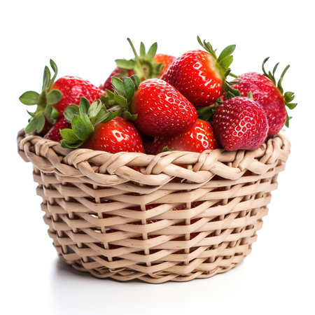 Red strawberries in small wooden basket or wicker. Healthy fresh fruits on white table.の素材