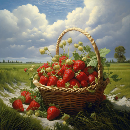 Red strawberries in small wooden basket or wicker. Healthy fresh fruits on white table.の素材