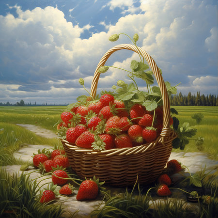 Red strawberries in small wooden basket or wicker. Healthy fresh fruits on white table.の素材