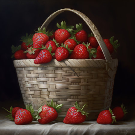 Red strawberries in small wooden basket or wicker. Healthy fresh fruits on white table.の素材