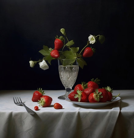 strawberries on table.Strawberries in a bowl on the kitchen table. Generative AIの素材