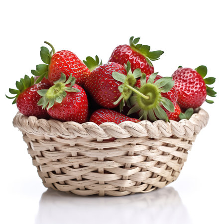 Red strawberries in small wooden basket or wicker. Healthy fresh fruits on white table.の素材