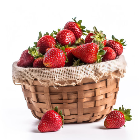 Red strawberries in small wooden basket or wicker. Healthy fresh fruits on white table.の素材
