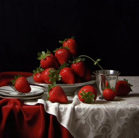 strawberries on table.Strawberries in a bowl on the kitchen table. Generative AIの素材