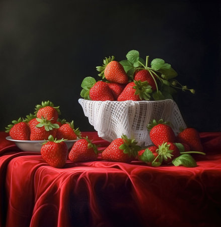strawberries on table.Strawberries in a bowl on the kitchen table. Generative AIの素材