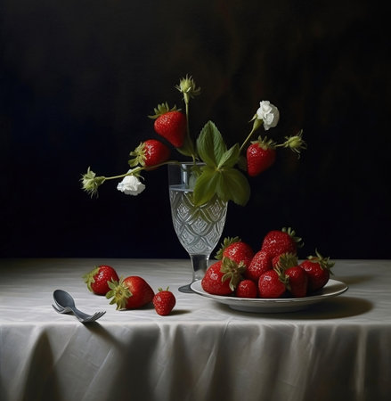 strawberries on table.Strawberries in a bowl on the kitchen table. Generative AIの素材