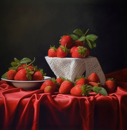 strawberries on table.Strawberries in a bowl on the kitchen table. Generative AIの素材